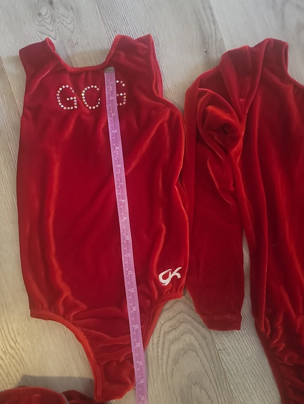 GK Leotard Set Red Velvet Gymnastics Leotard and Jacket/Pant Set CM & CL EUC!